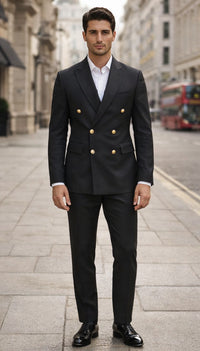 Mens Black Double Breasted Suit - Men's Slim Fit Double Breasted Wedding Suit with Gold Buttons in Black