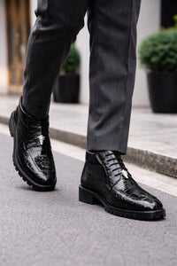 Belvedere Gallardo Men's Shoes Black Exotic Caiman Crocodile Derby Split-toe Boots