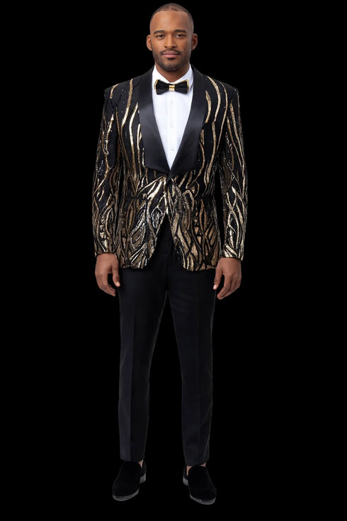 Black Tuxedo - Shawl Lapel Black and Gold Sequin Prom Tuxedo Mens Wedding Suit - Black Prom Suit