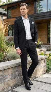 Mens Black Seersucker Suit – Shadow Ton on Ton Mini Textured Two Button Cotton Fabric Formal Summer Suit