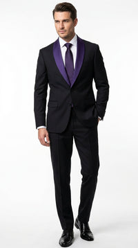 Mens Black Suit with Purple Lapel – Elegant Formal Tuxedo Style Suit for Wedding, Prom, Party and Evening Wear