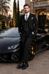 Men's Black Statement Ticket Pocket Peak Lapel Wool Double Breasted Vest Suit with Silver Buttons – Modern Fit