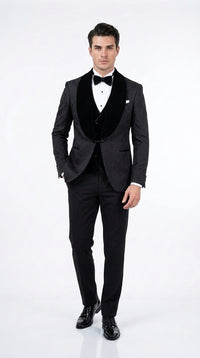 Men’s Black With Velvet collar 3 Piece Tuxedo Suit – Floral Jacquard Dinner Jacket with Vest and Bowtie