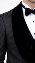 Men’s Black With Velvet collar 3 Piece Tuxedo Suit – Floral Jacquard Dinner Jacket with Vest and Bowtie