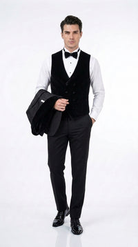 Men’s Black With Velvet collar 3 Piece Tuxedo Suit – Floral Jacquard Dinner Jacket with Vest and Bowtie