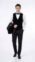 Men’s Black With Velvet collar 3 Piece Tuxedo Suit – Floral Jacquard Dinner Jacket with Vest and Bowtie