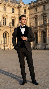 Men’s Black With Velvet collar 3 Piece Tuxedo Suit – Floral Jacquard Dinner Jacket with Vest and Bowtie