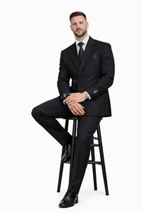 Men’s Black Double Breasted Wool Suit with Metal Buckle Closure