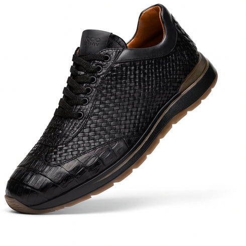 Marco Di Milano Roma Men's Shoes Black Genuine Caiman Crocodile / Woven Leather Fashion Sneakers
