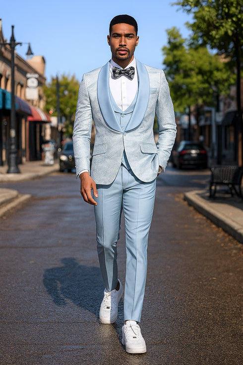 2024 Prom Special Blue Tuxedo Suit w/ Double-Breasted Vest by Tazzio