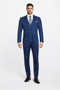 Men's Bold Gangster 1920s Vintage Navy Blue ~ White Gangster Bold Stripe 2 Button Vested Dress Suits For Men