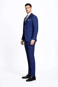 Men's Bold Gangster 1920s Vintage Navy Blue ~ White Gangster Bold Stripe 2 Button Vested Dress Suits For Men