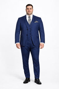 Men's Bold Gangster 1920s Vintage Navy Blue ~ White Gangster Bold Stripe 2 Button Vested Dress Suits For Men