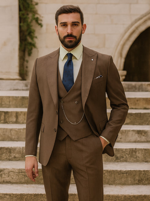 Men’s Brown Slim Fit Suit – Three-Piece Formalwear for Weddings