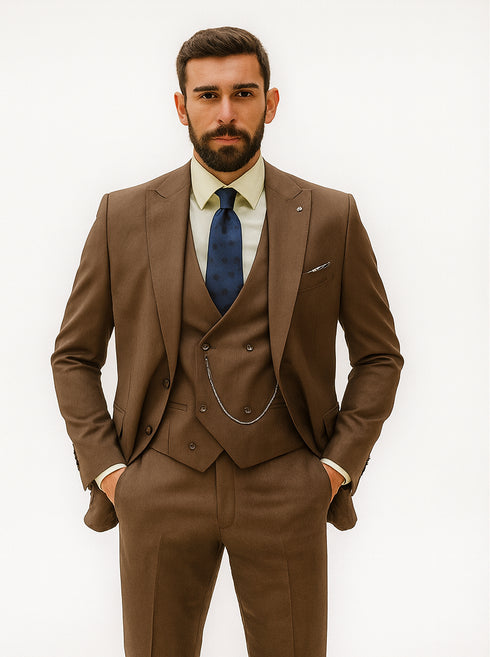 Men’s Brown Slim Fit Suit – Three-Piece Formalwear for Weddings
