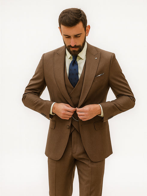 Men’s Brown Slim Fit Suit – Three-Piece Formalwear for Weddings