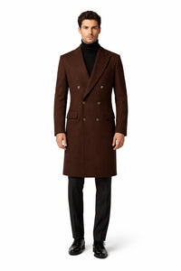Mens Brown Fabric Double Breasted Overcoat