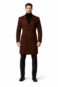 Mens Brown Fabric Double Breasted Overcoat