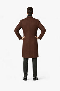 Mens Brown Fabric Double Breasted Overcoat