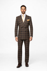Men's Brown Plaid Double-Breasted Wool Suits – Classic Windowpane Two-Piece Formal Suits By Rossiman