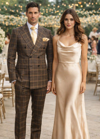 Men's Brown Plaid Double-Breasted Wool Suits – Classic Windowpane Two-Piece Formal Suits By Rossiman