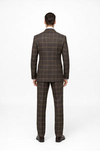 Men's Brown Plaid Double-Breasted Wool Suits – Classic Windowpane Two-Piece Formal Suits By Rossiman