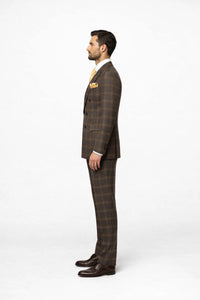 Men's Brown Plaid Double-Breasted Wool Suits – Classic Windowpane Two-Piece Formal Suits By Rossiman