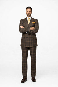 Men's Brown Plaid Double-Breasted Wool Suits – Classic Windowpane Two-Piece Formal Suits By Rossiman
