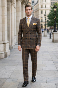 Men's Brown Plaid Double-Breasted Wool Suits – Classic Windowpane Two-Piece Formal Suits By Rossiman