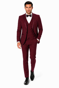 Mens One Button Satin Trim Shawl Tuxedo in Burgundy Wool