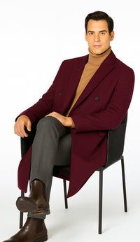 Men's Burgundy Double Breasted Overcoat - Maroon Peacoat - Three Quarter Wool And Cashmere Coat