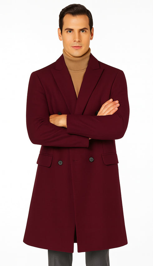 Men's Burgundy Double Breasted Overcoat - Maroon Peacoat - Three Quarter Wool And Cashmere Coat