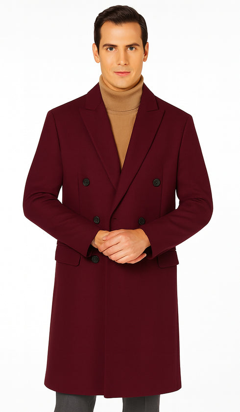 Men's Burgundy Double Breasted Overcoat - Maroon Peacoat - Three Quarter Wool And Cashmere Coat