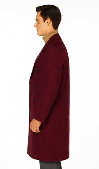 Men's Burgundy Double Breasted Overcoat - Maroon Peacoat - Three Quarter Wool And Cashmere Coat
