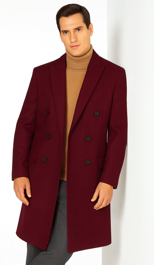 Men's Burgundy Double Breasted Overcoat - Maroon Peacoat - Three Quarter Wool And Cashmere Coat