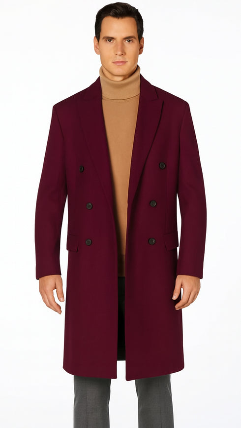 Men's Burgundy Double Breasted Overcoat - Maroon Peacoat - Three Quarter Wool And Cashmere Coat