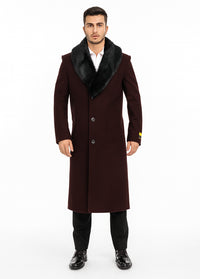 Mens Burgundy Fur Collar Full Length Wool Top Coat