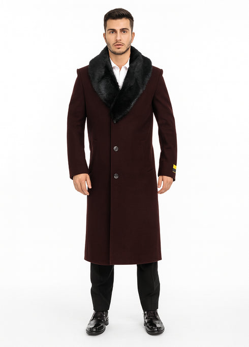 Mens Burgundy Fur Collar Full Length Wool Top Coat