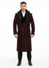 Mens Burgundy Fur Collar Full Length Wool Top Coat