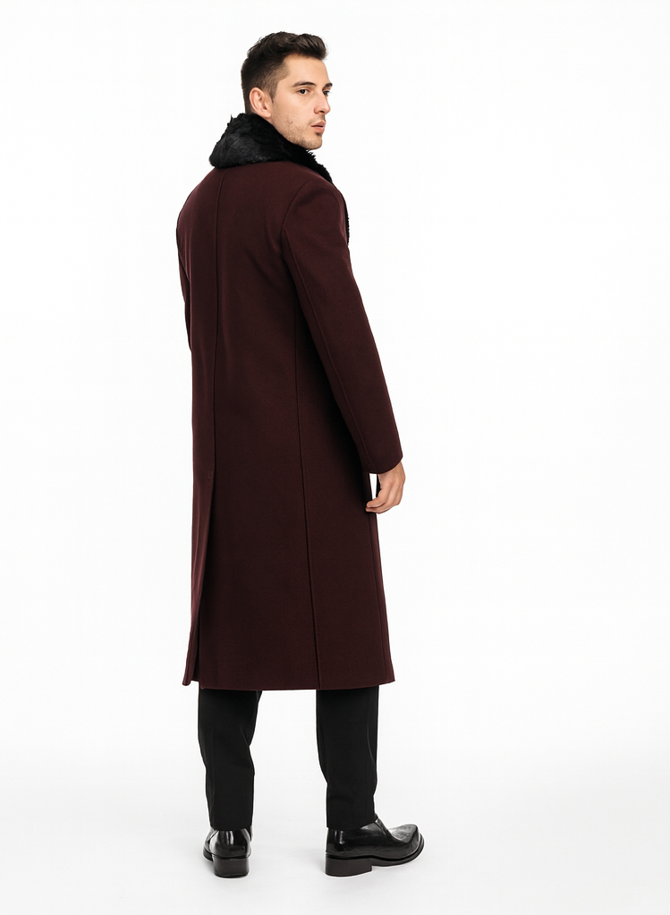 Mens Burgundy Fur Collar Full Length Wool Top Coat – OvercoatUSA