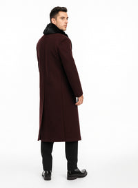 Mens Burgundy Fur Collar Full Length Wool Top Coat