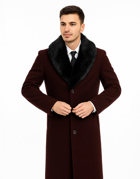 Mens Burgundy Fur Collar Full Length Wool Top Coat