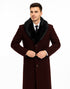 Mens Burgundy Fur Collar Full Length Wool Top Coat