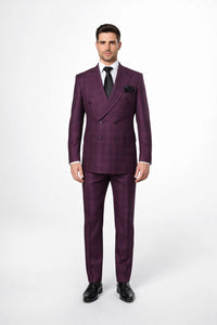 Men's Burgundy Plaid Double-Breasted Suit – Classic Windowpane Formal Two-Piece Suit By Rossiman