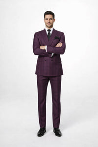 Men's Burgundy Plaid Double-Breasted Suit – Classic Windowpane Formal Two-Piece Suit By Rossiman
