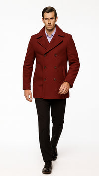 Men's Burgundy Six Button Double Breasted Priced Mens Wool Peacoat Jacket