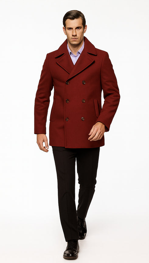 Men's Burgundy Six Button Double Breasted Priced Mens Wool Peacoat Jacket