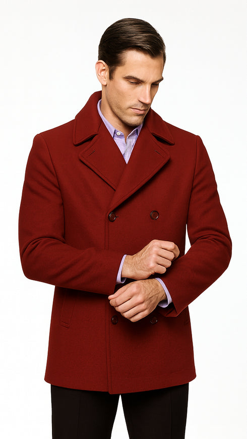 Men's Burgundy Six Button Double Breasted Priced Mens Wool Peacoat Jacket
