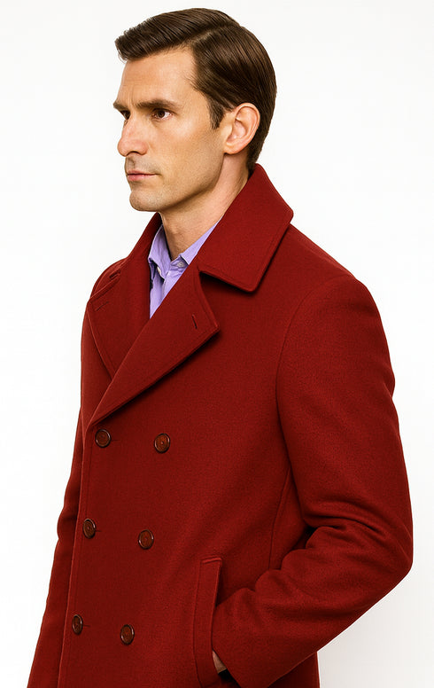 Men's Burgundy Six Button Double Breasted Priced Mens Wool Peacoat Jacket