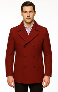 Men's Burgundy Six Button Double Breasted Priced Mens Wool Peacoat Jacket